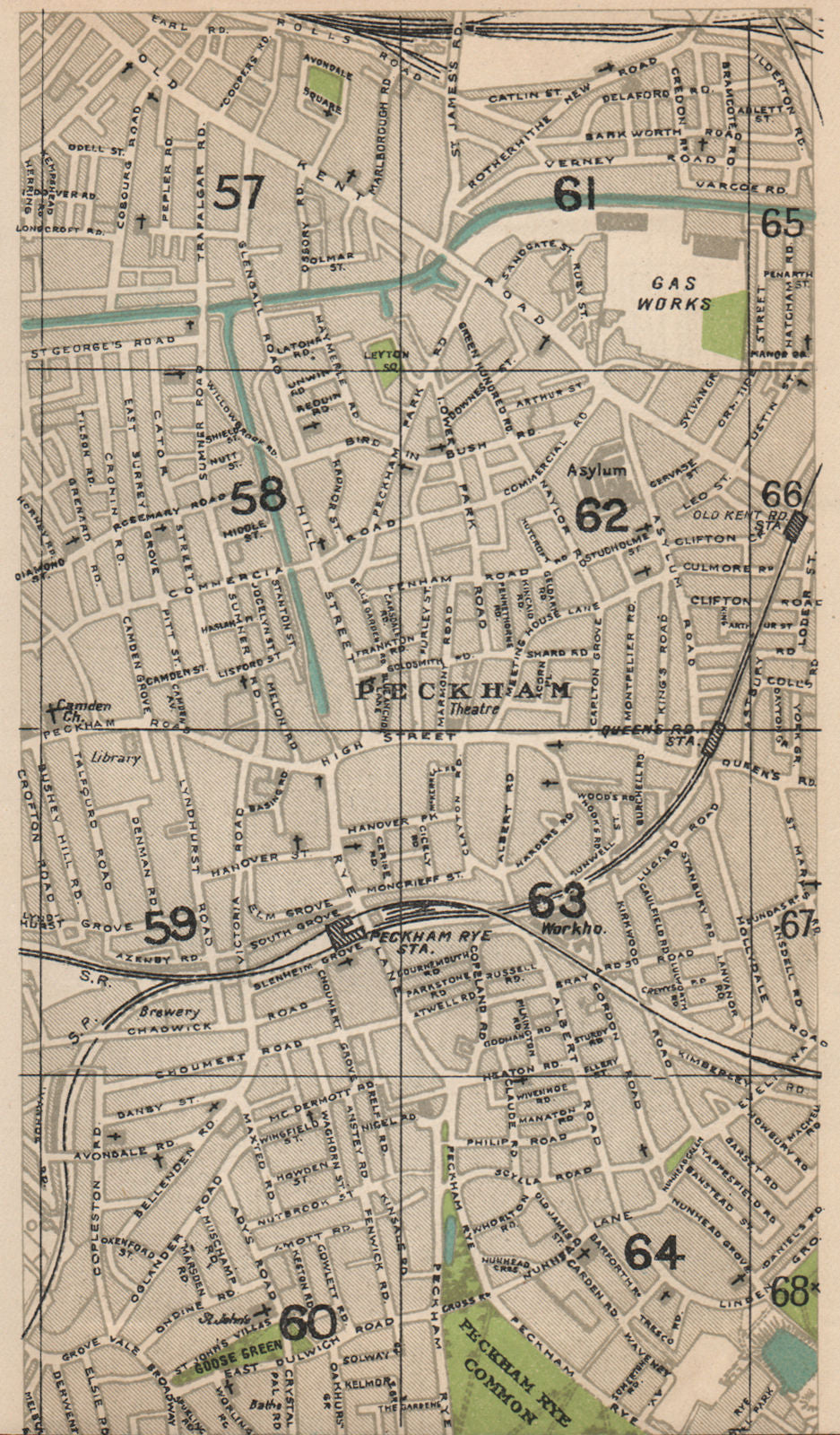 PECKHAM RYE. Old Kent Road Queen's Road East Dulwich Surrey Canal 1927 map